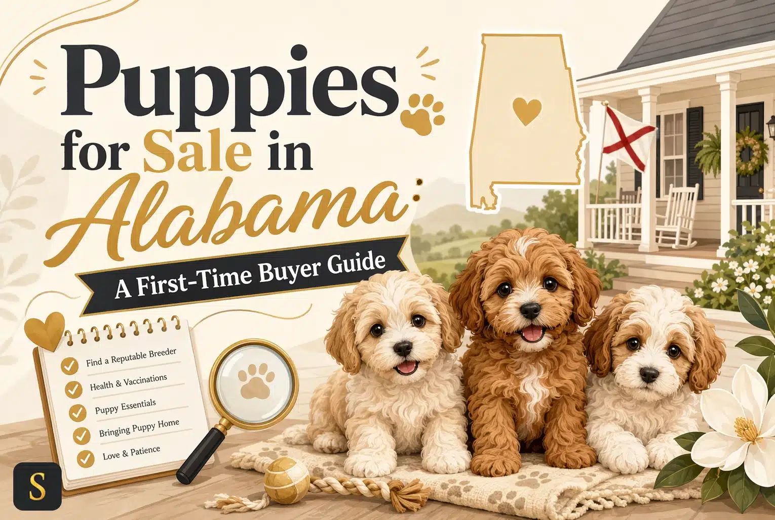 Three adorable, fluffy puppies for sale in Alabama are featured in this first-time buyer guide image. A golden doodle and two cavapoos sit on a rustic wooden surface, with a magnolia flower and a magnifying glass with a paw print nearby.