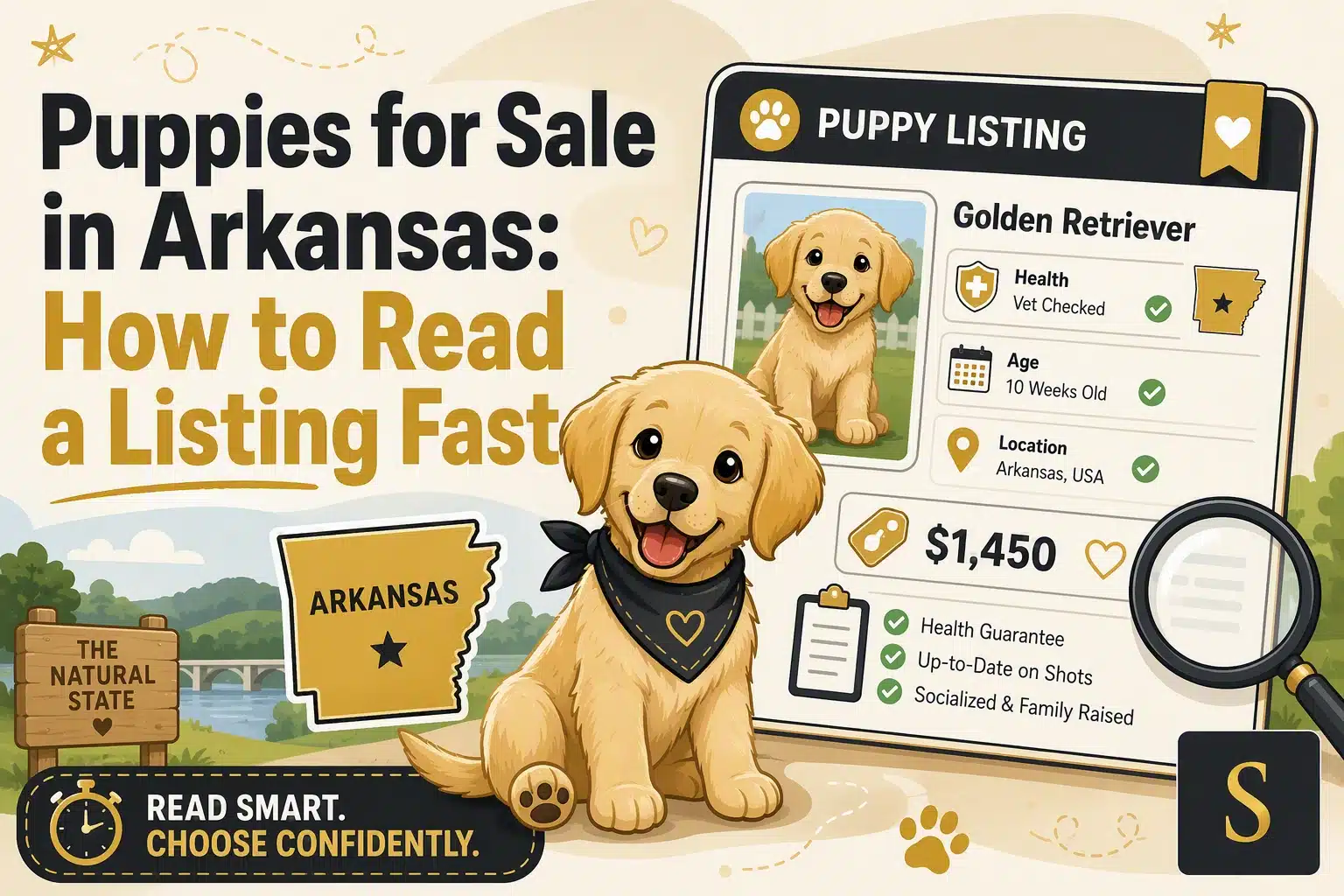 Illustration for "Puppies for Sale in Arkansas": A happy Golden Retriever puppy sits next to a "Puppy Listing" card showing a Golden Retriever puppy, price, and details. Text reads "Puppies for Sale in Arkansas: How to Read a Listing Fast" and "The Natural State.