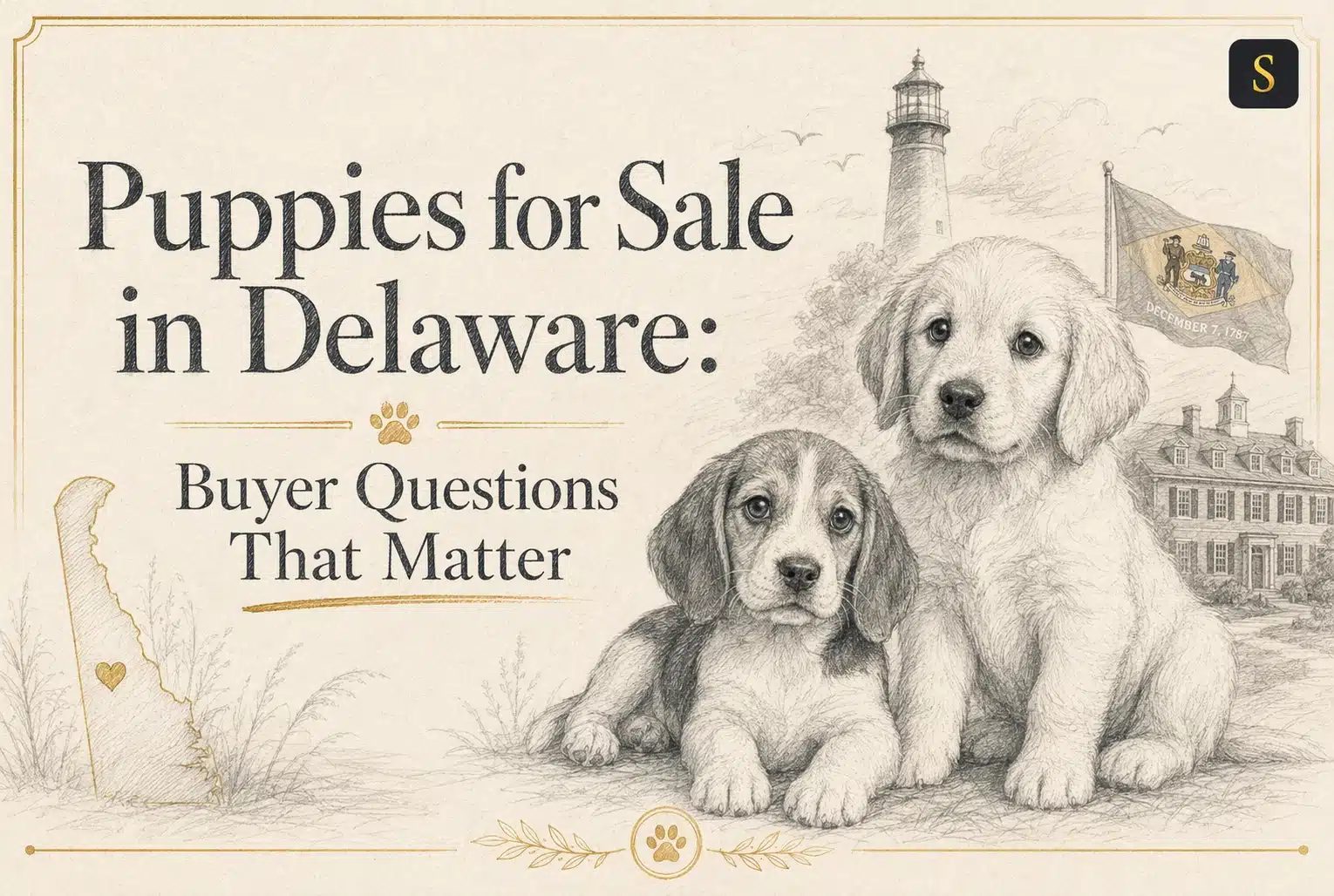 Two adorable puppies, a beagle and a golden retriever, sit in front of a lighthouse and a historic building, with a Delaware flag and map in the background. Text reads: "Puppies for Sale in Delaware: Buyer Questions That Matter.