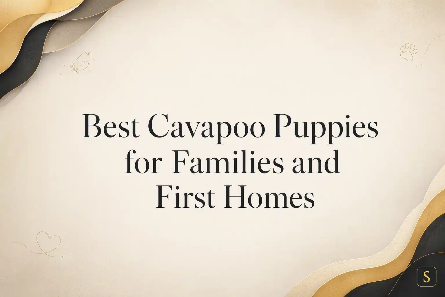 Text overlay on a textured cream background reads "Best Cavapoo Puppies for Families and First Homes." Decorative gold and black waves frame the top and bottom corners, with subtle heart and paw print icons.