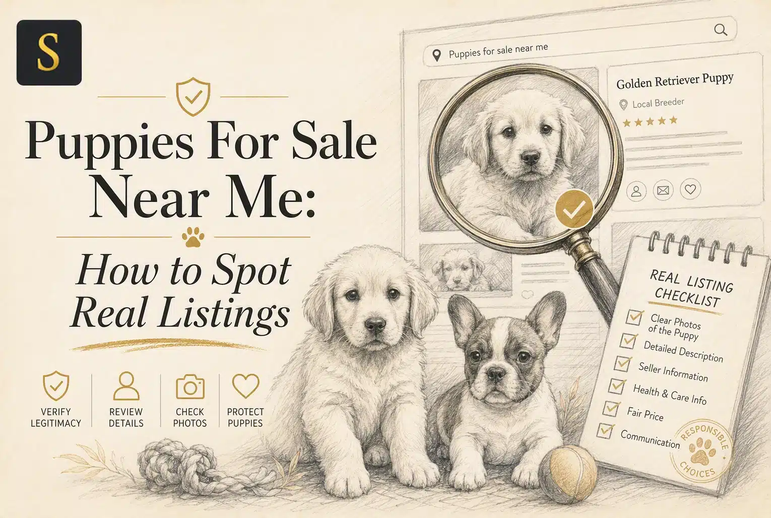Illustration for "Puppies For Sale Near Me: How to Spot Real Listings" blog post, featuring a Golden Retriever and a French Bulldog puppy, with a sketch of a laptop showing a puppy listing and a checklist.