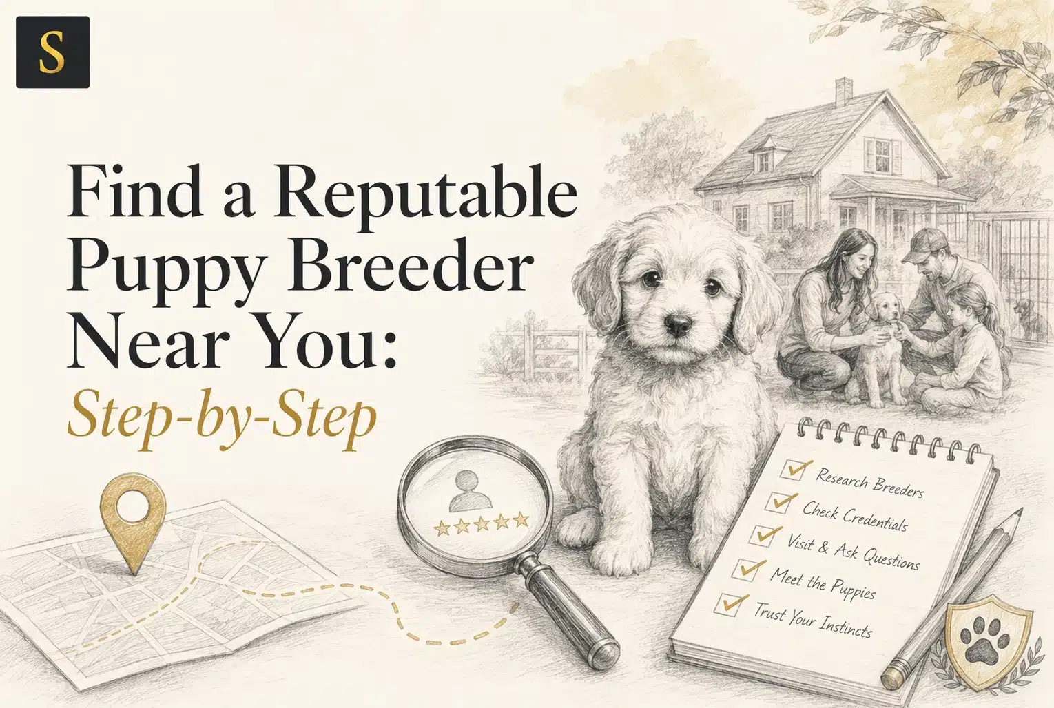 Sketch of a cute puppy sitting next to a checklist titled "Find a Reputable Puppy Breeder Near You: Step-by-Step". A family is sketched in the background near a house.
