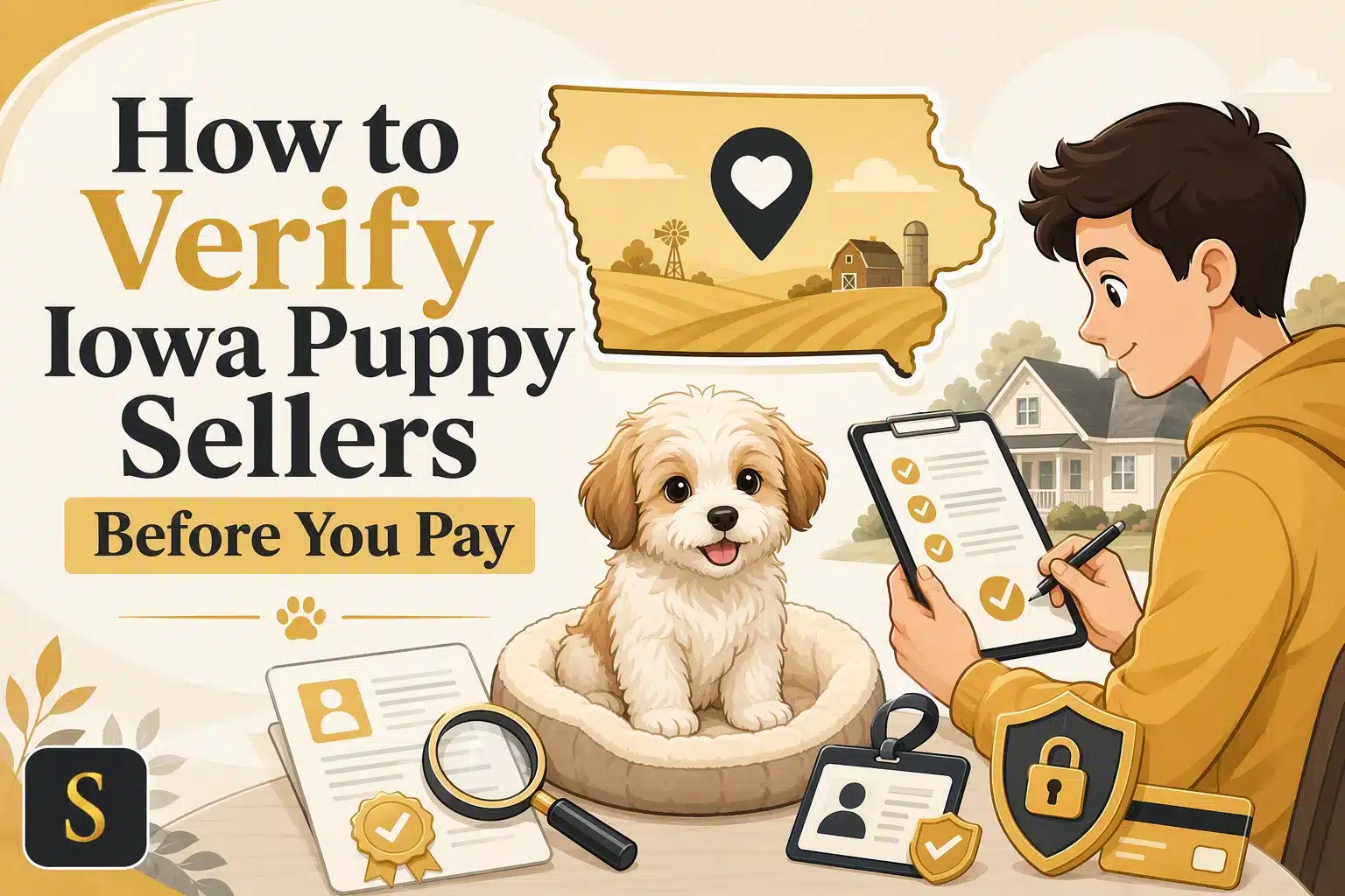 Illustration for "How to Verify Iowa Puppy Sellers Before You Pay": a happy puppy sits in a dog bed, with a young man reviewing documents on a tablet and a map of Iowa in the background. Security icons and credit cards are visible.
