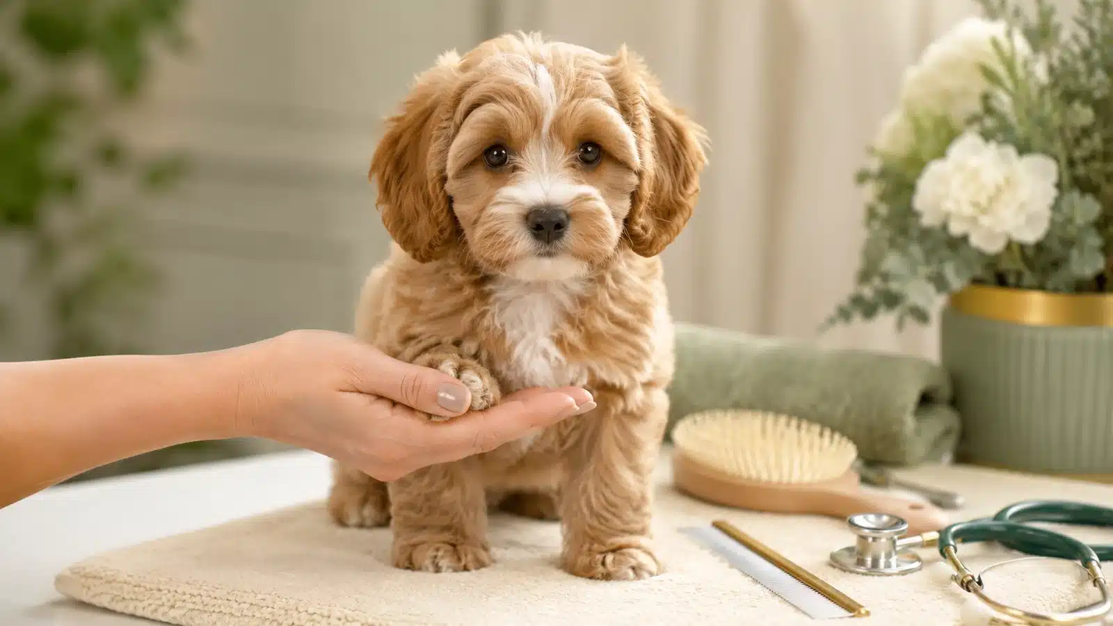 Cavapoo puppy calmly having one paw handled during grooming and vet preparation