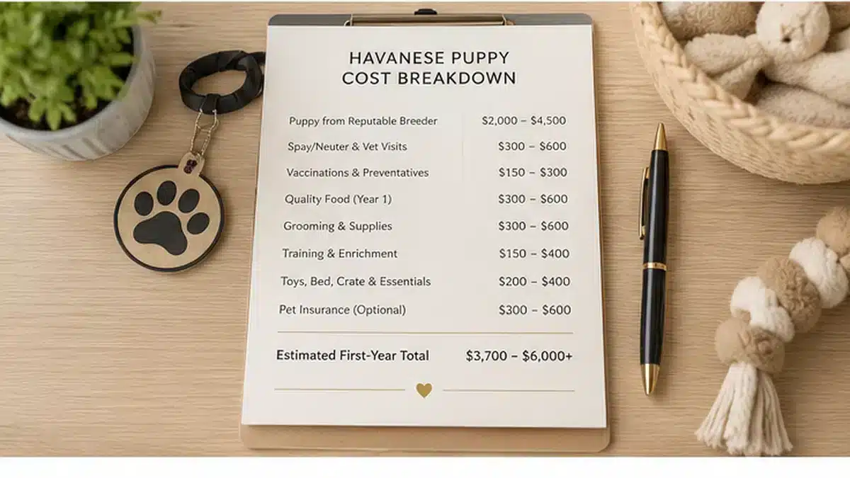 Havanese puppy first-year cost breakdown with veterinary care, grooming, food, supplies, training, and insurance