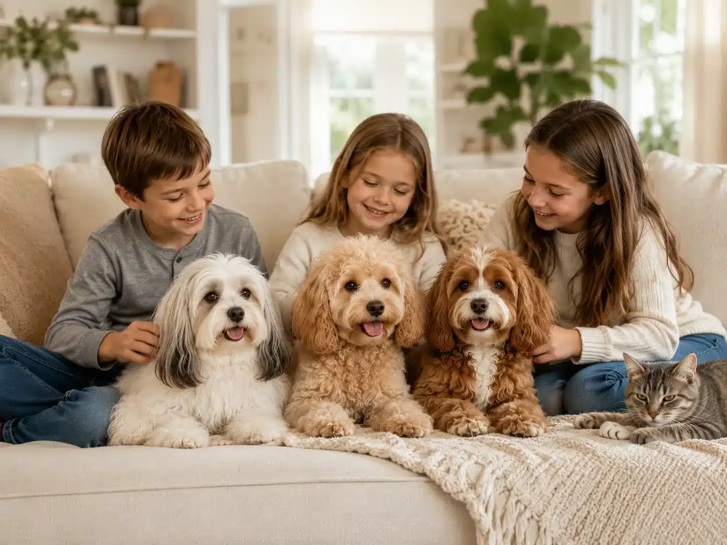 Children sitting with a Havanese, Havapoo, Cavapoo, and relaxed cat
