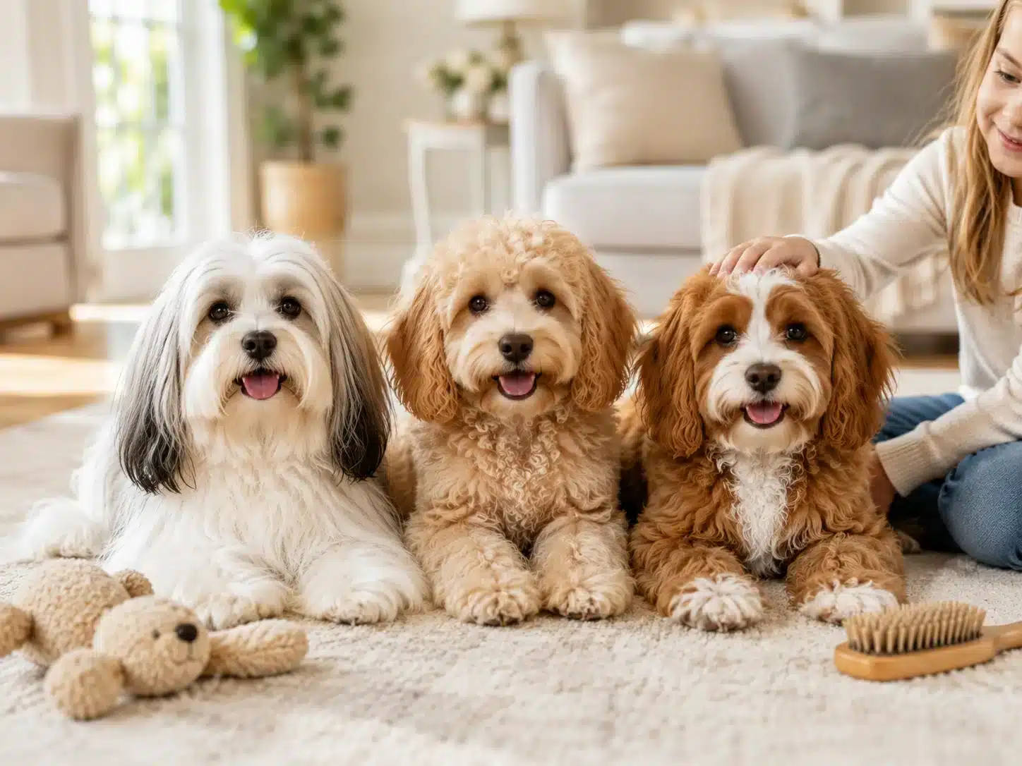 Havanese, Havapoo, and Cavapoo resting together with a child and grooming supplies