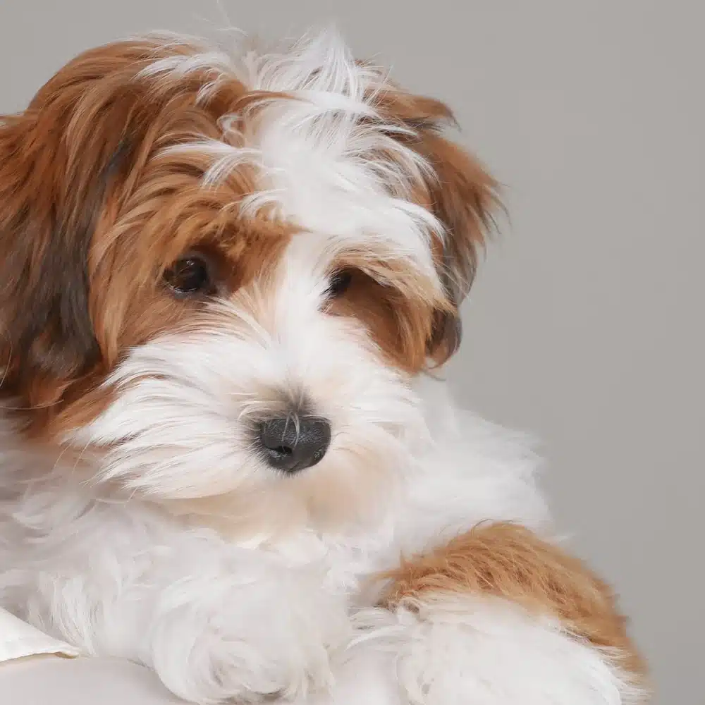 Close-up of a red and white Havapoo puppy’s eyes and facial coat