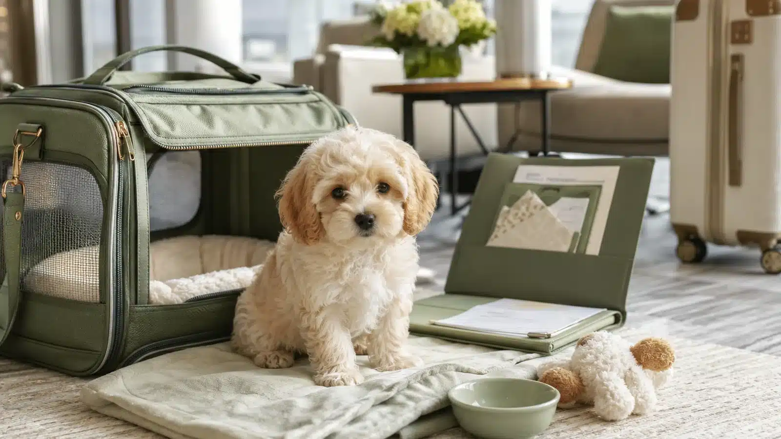 Cream puppy beside a sage travel carrier, organized documents, blanket, water bowl, and luggage
