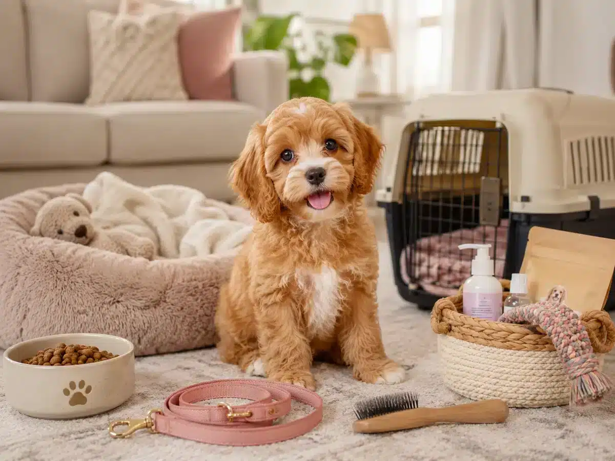 Cavapoo puppy with a bed, food bowl, leash, grooming brush, supplies, and crate