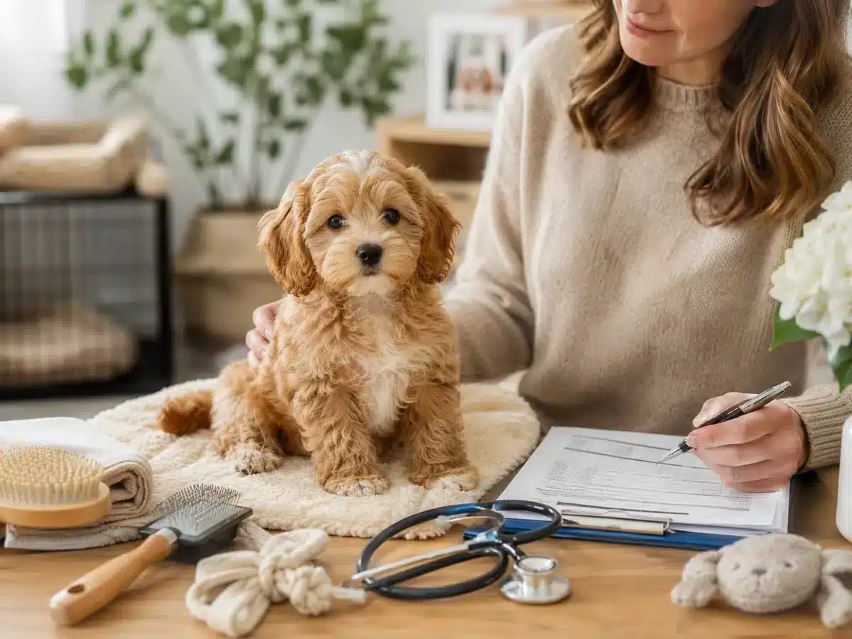 Cavapoo puppy beside grooming tools, health records, and a stethoscope