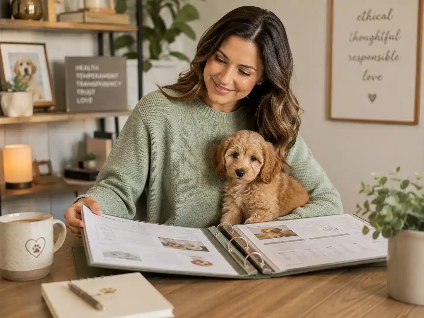 Reputable Puppy Breeder Records and Transparency Breeder reviewing puppy information and health records while holding a small puppy