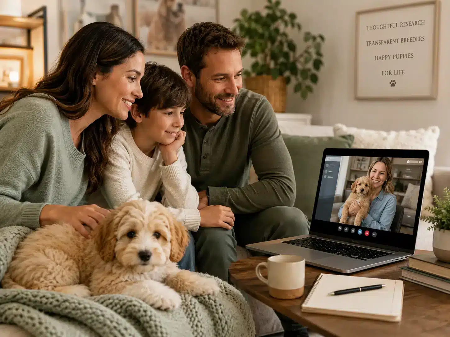 Family Video Call With a Reputable Puppy Breeder Family speaking with a puppy breeder by video call while researching a puppy online