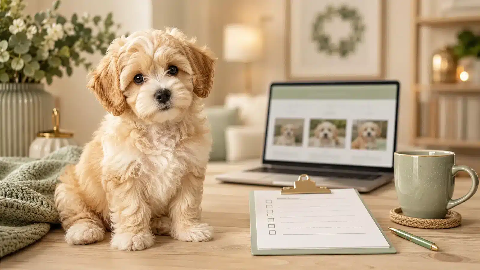 Cute small puppy with a breeder checklist and laptop in a comfortable home