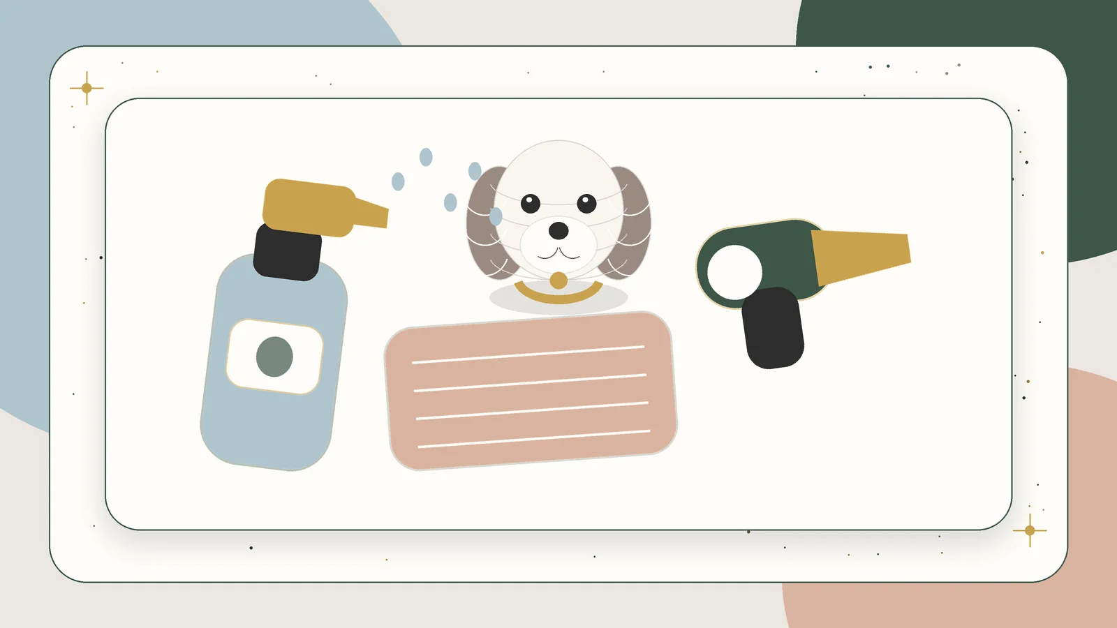 Illustration of puppy-safe coat spray, towel, dryer, and a freshly groomed puppy