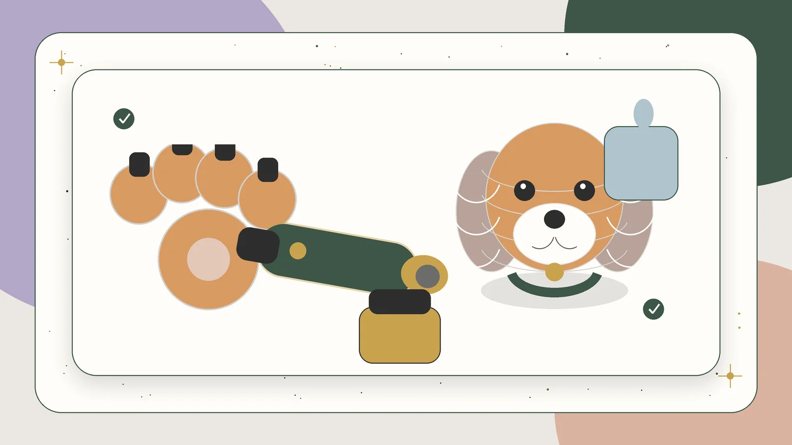 Illustration of a puppy paw, nail grinder, styptic powder, and gentle ear-cleaning cloth