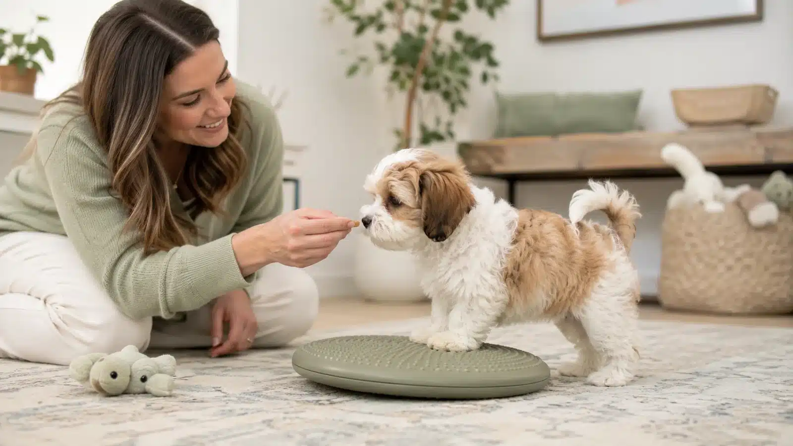 Woman offering a treat to a small Cavapoo puppy standing on a textured balance platform