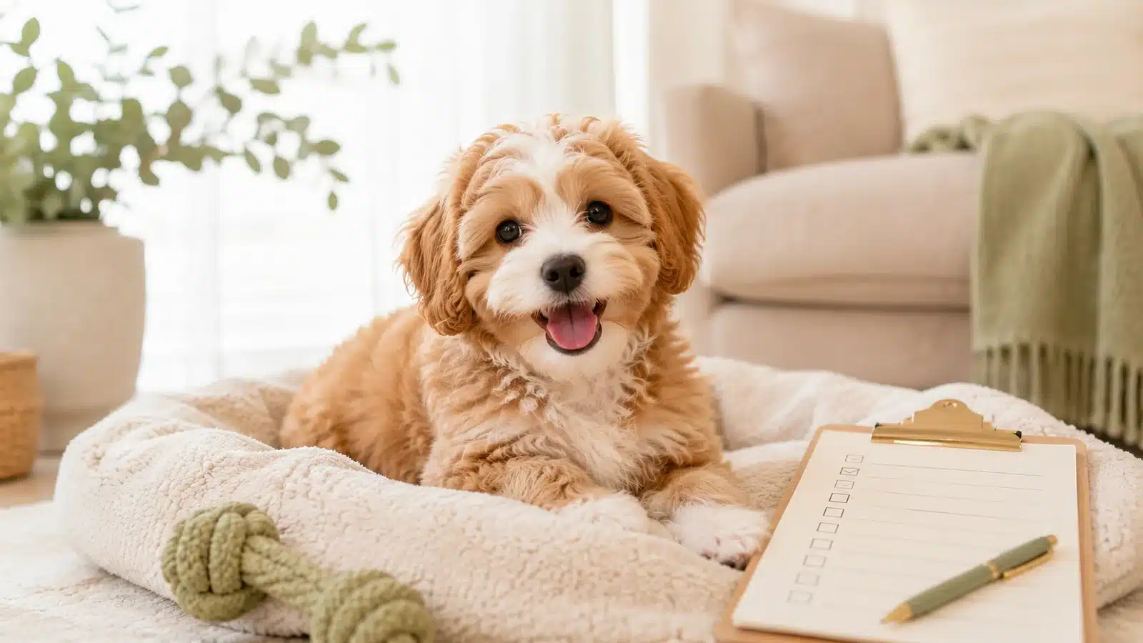Happy Cavapoo puppy resting on a cream dog bed beside a sage rope toy and puppy-care checklist