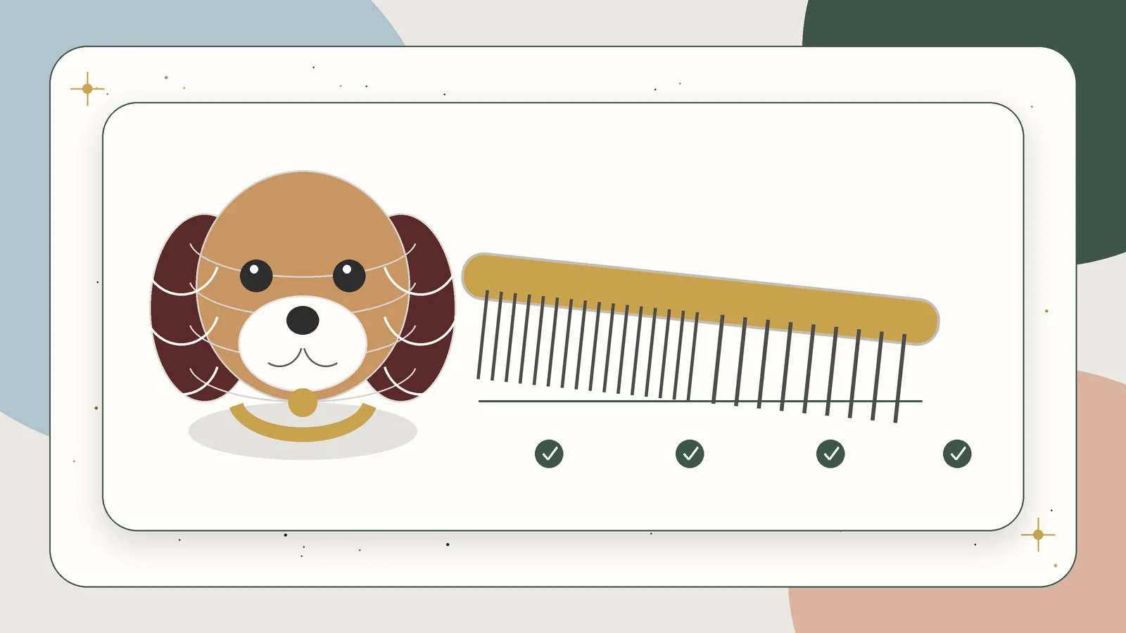 Illustration of a stainless-steel grooming comb beside a wavy-coated puppy
