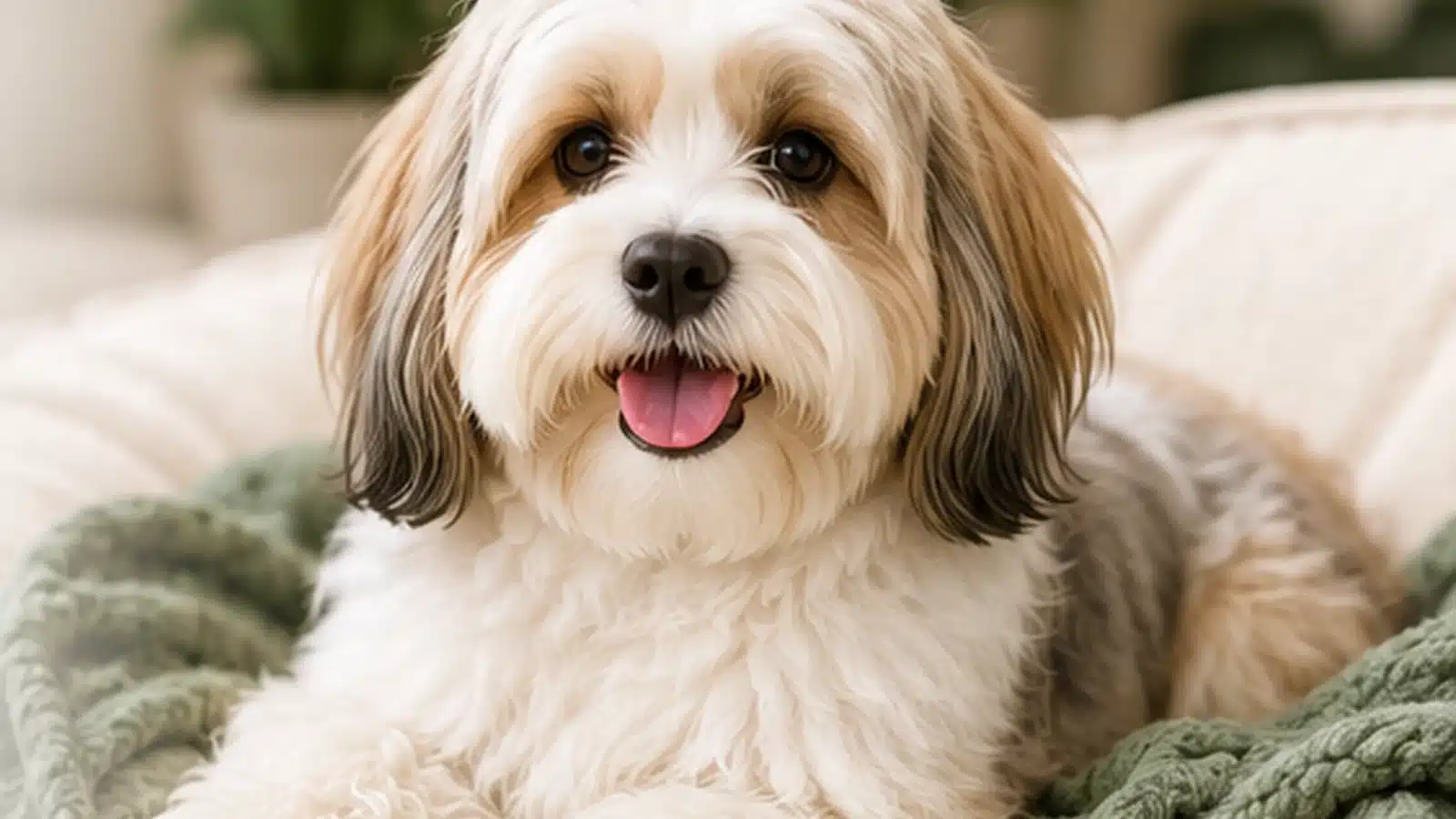 White and tan Havanese relaxing on a cream sofa in a warm family home
