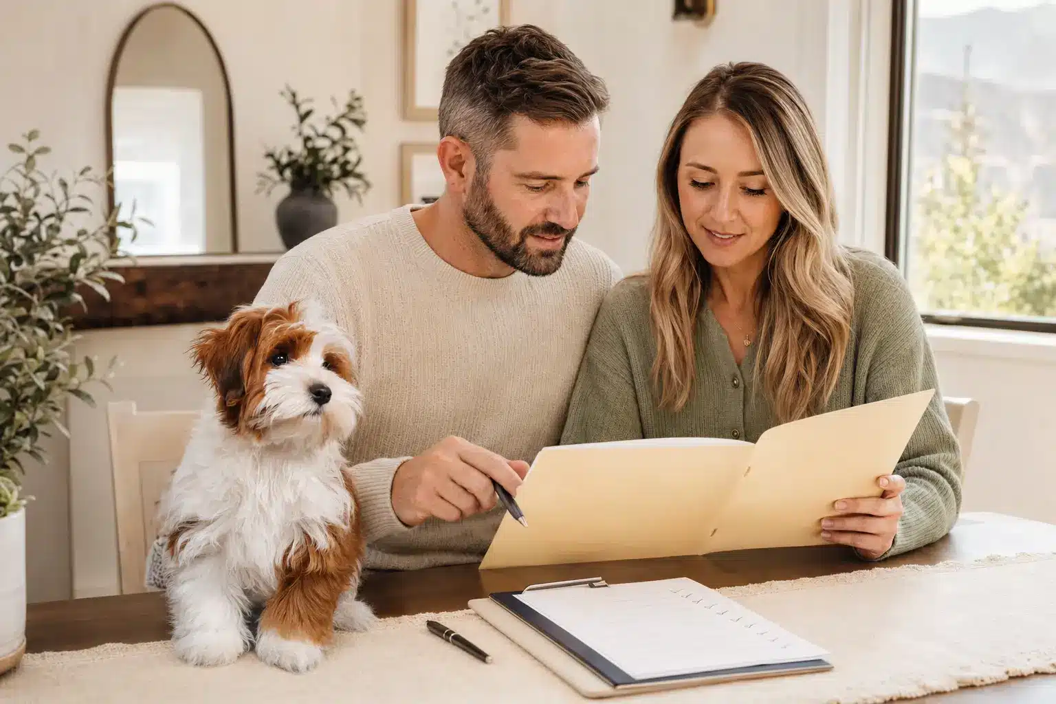 Utah family reviewing Havapoo adoption documents at home