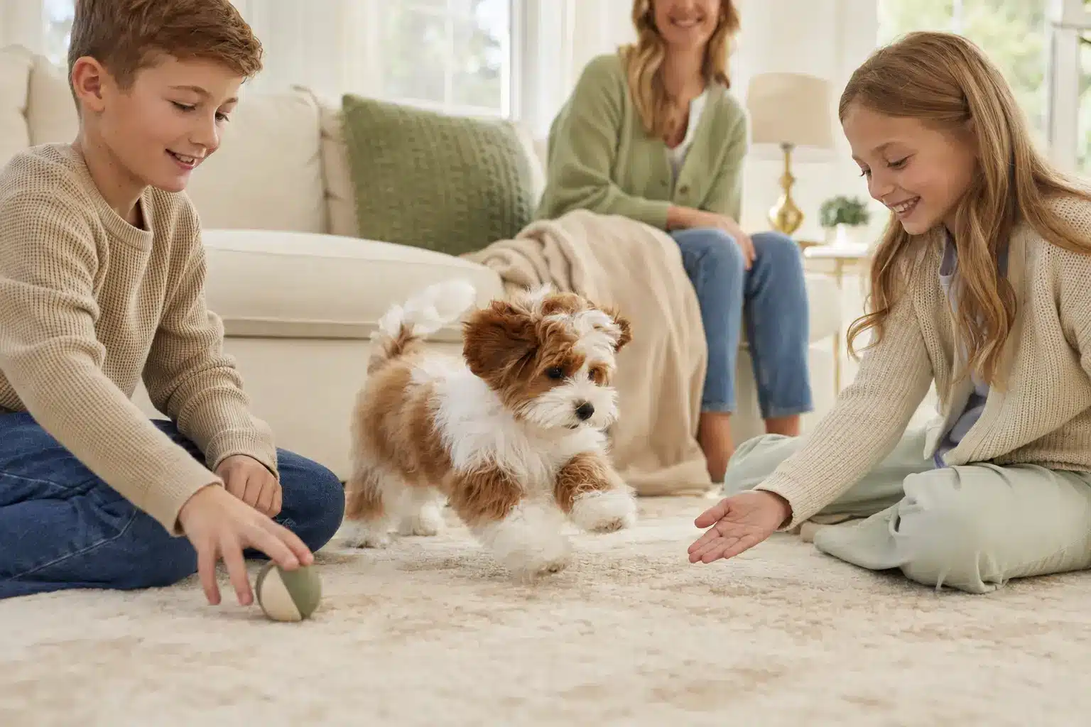 Havapoo Puppy Family Fit With Children Havapoo puppy interacting gently with children in a family living room