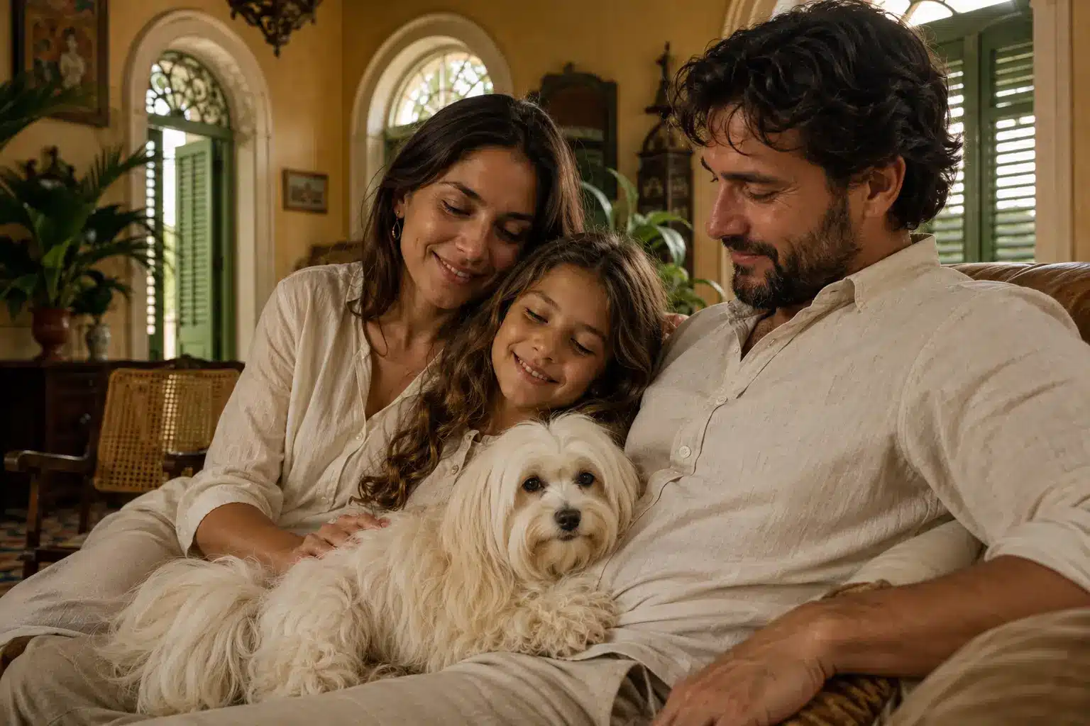 Havanese Cuban Companion Dog With Family Havanese companion dog relaxing with a family in a Cuban-inspired home