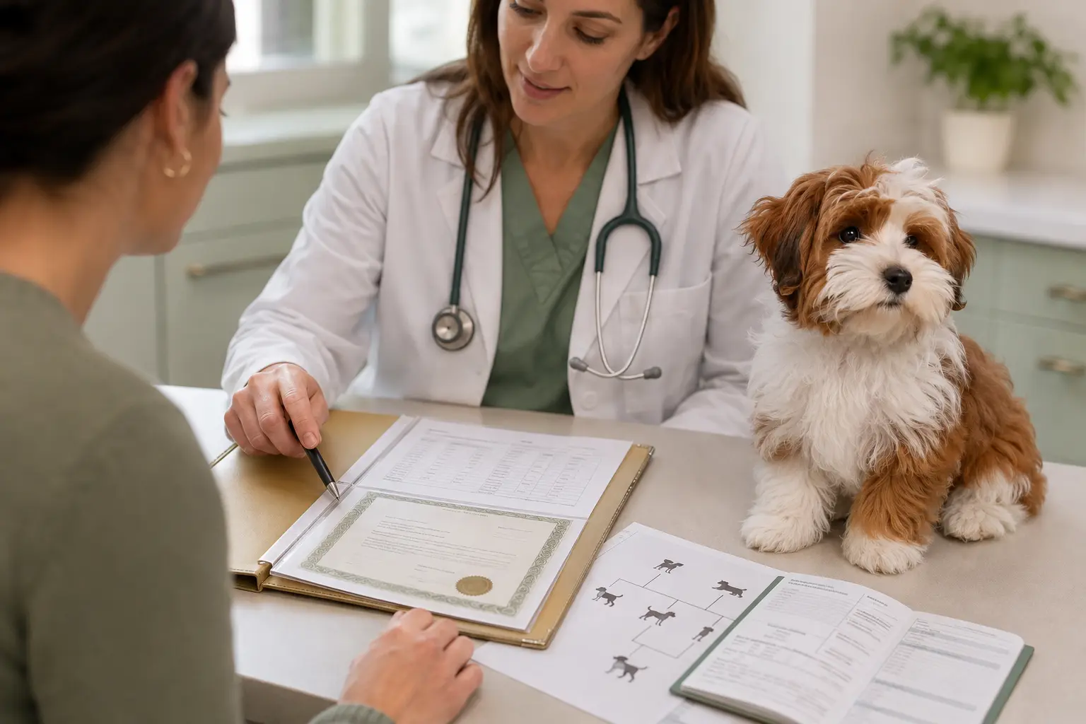 Havapoo Health Records and Veterinary Review Veterinarian reviewing Havapoo health records with a prospective puppy owner