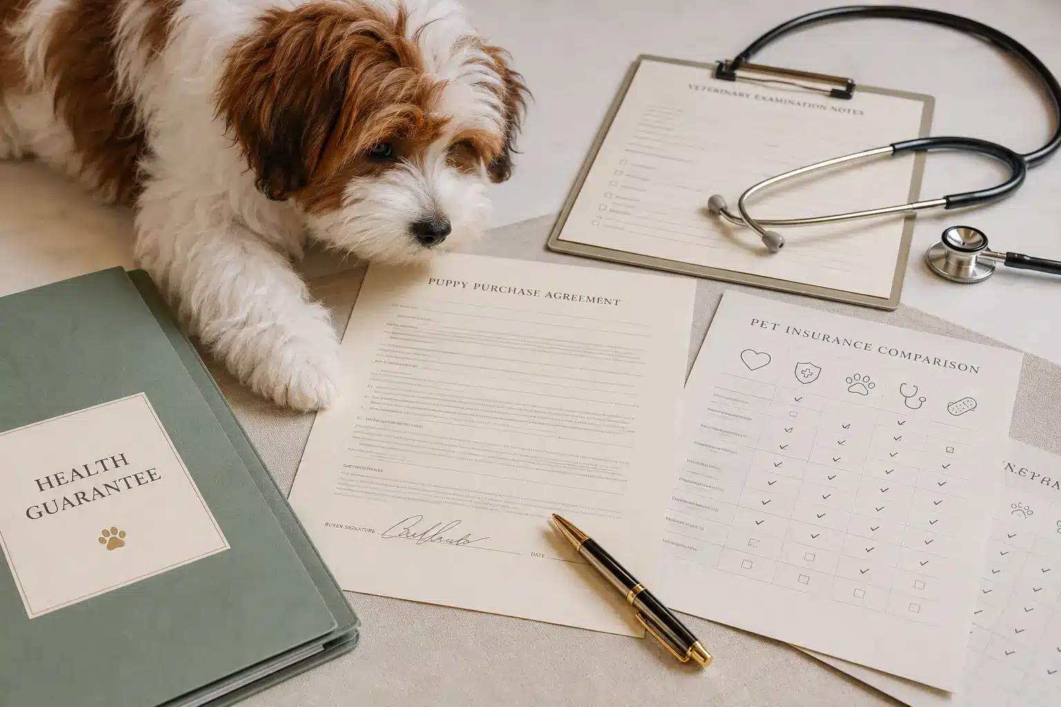 Havapoo Health Guarantee and Pet Insurance Documents Havapoo health guarantee beside veterinary notes and pet insurance documents