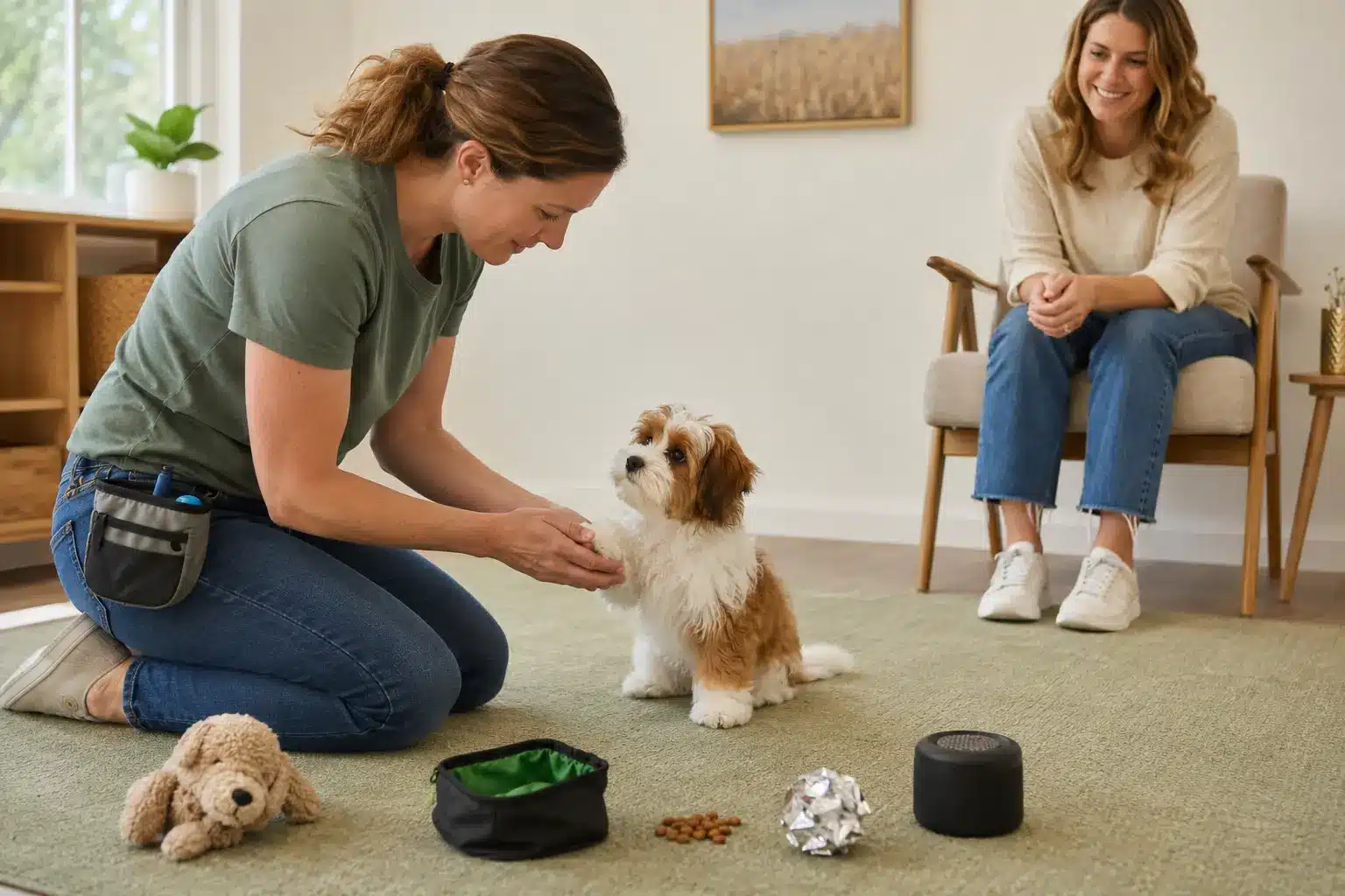 Havapoo Puppy Temperament and Training Assessment Trainer calmly assessing a Havapoo puppy's temperament and response to handling