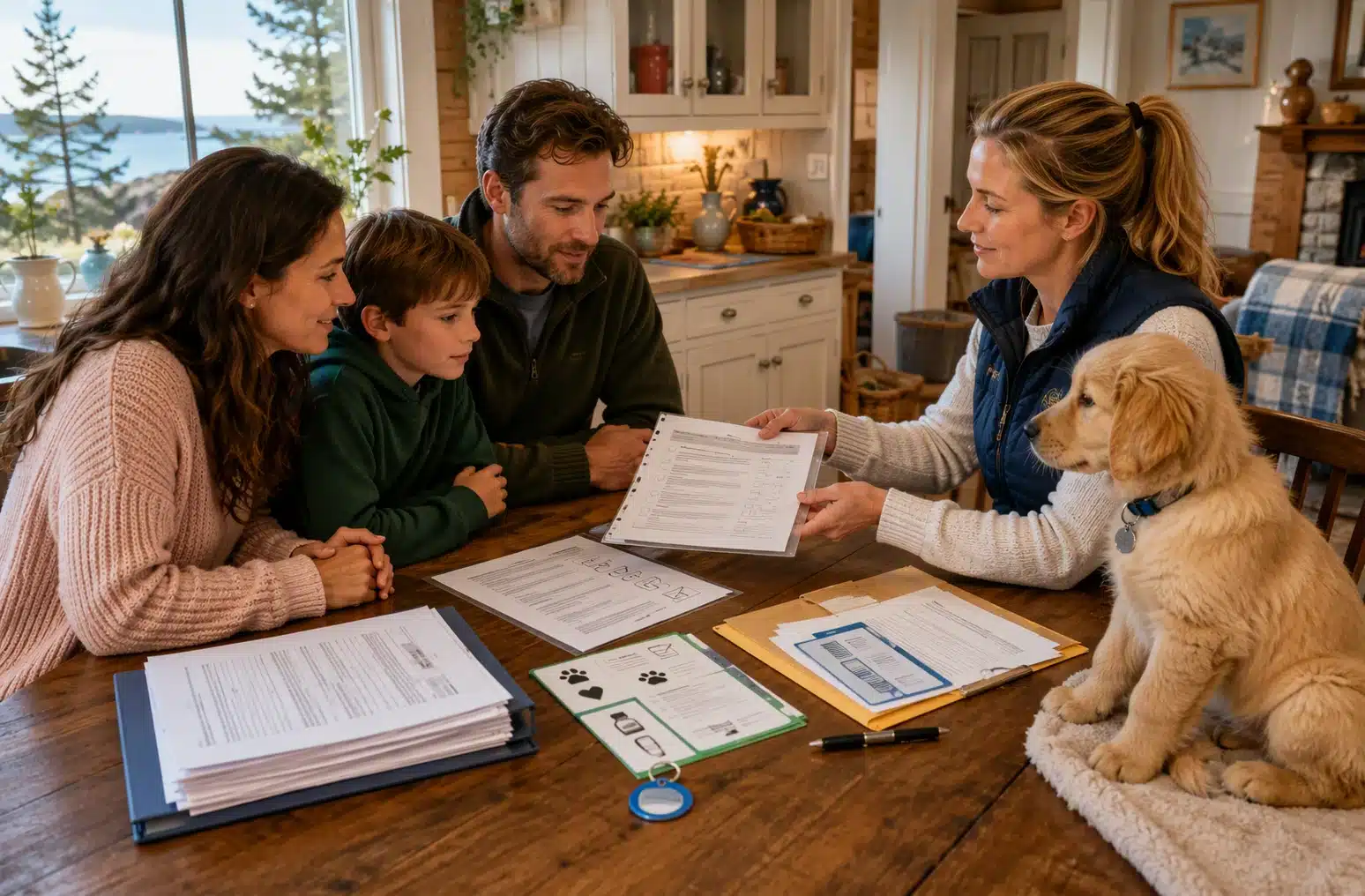 Family reviewing puppy health records at kitchen table