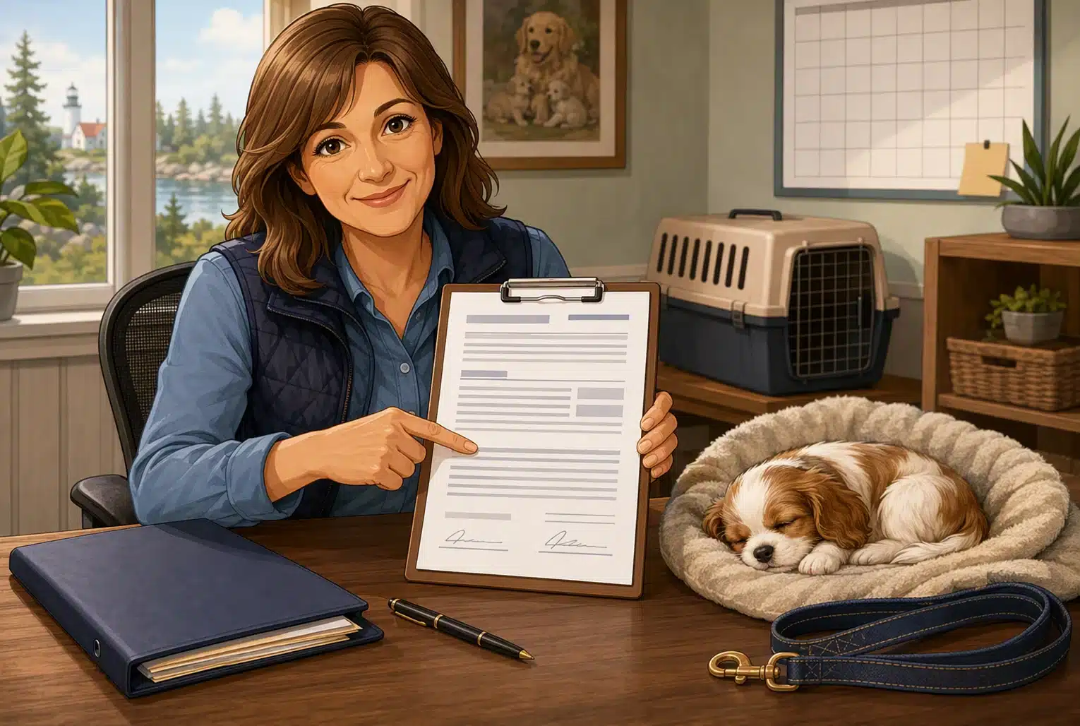 Breeder pointing at puppy contract on clipboard