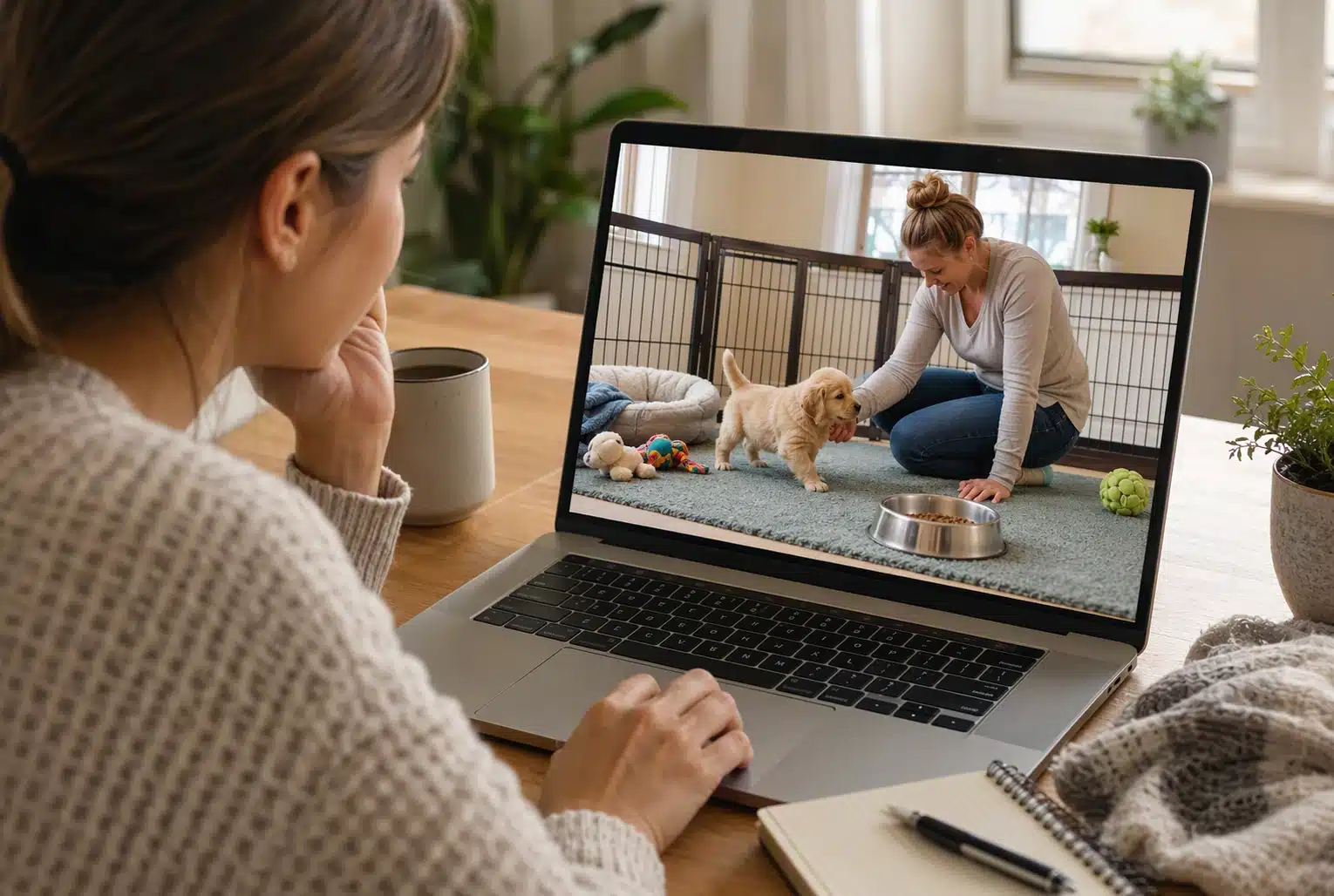 Buyer watching live puppy video call in bright nursery