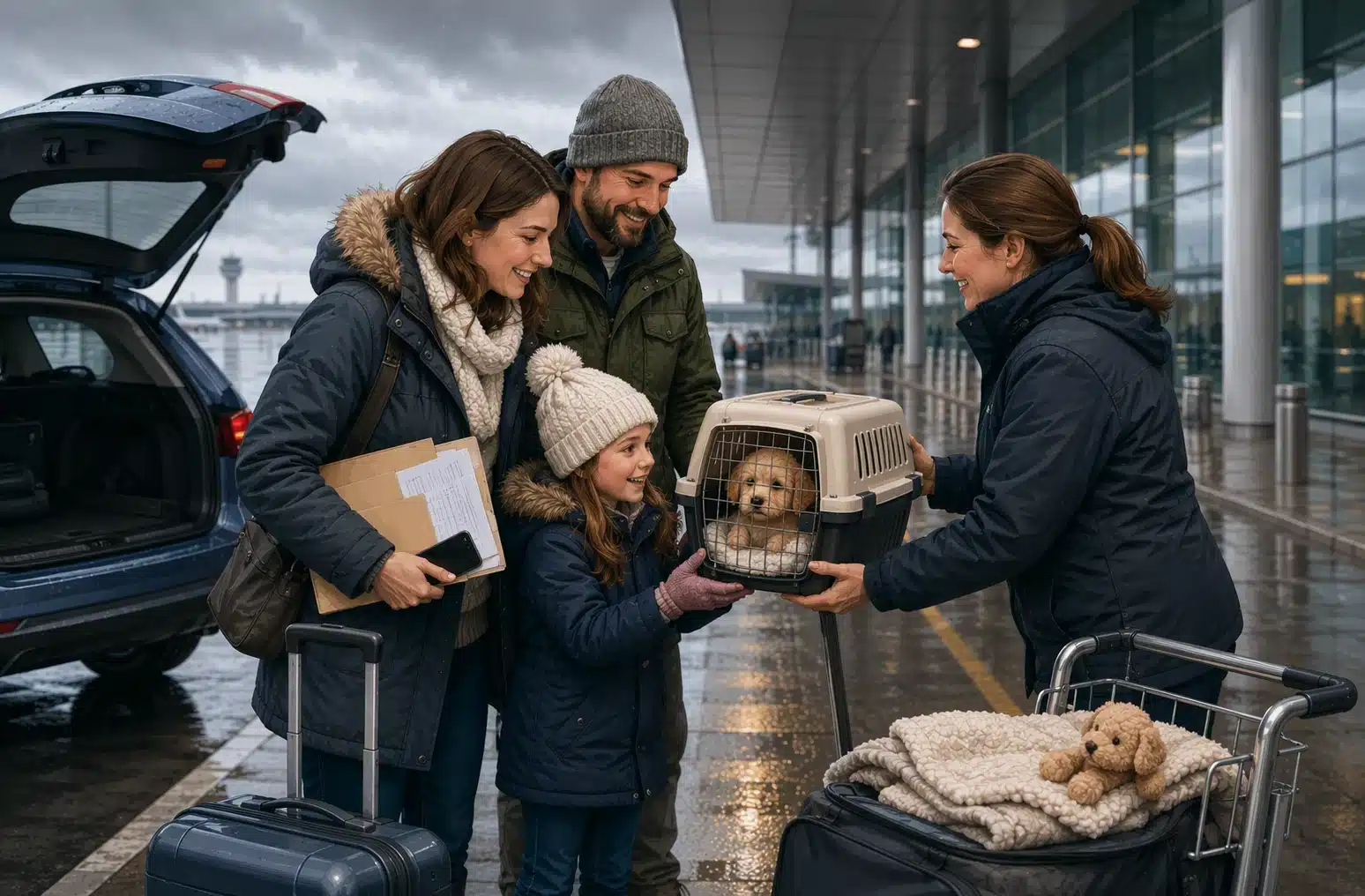 Family waiting at airport curb for puppy handoff