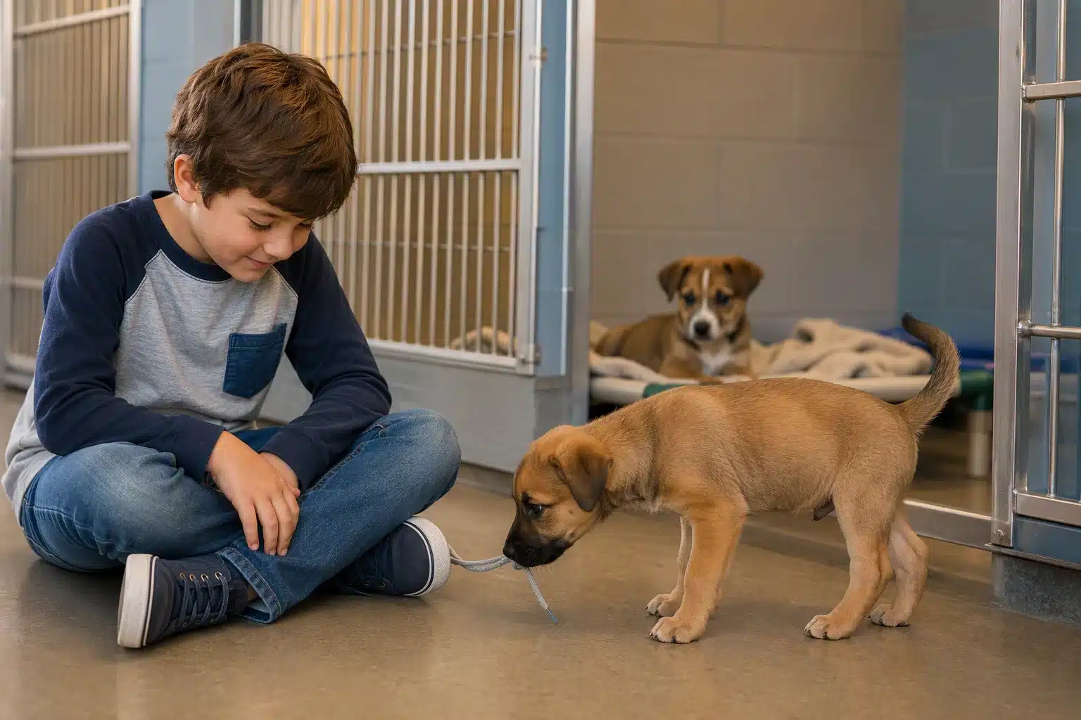 Child sitting calmly near kennel as curious puppy sniffs shoelaces