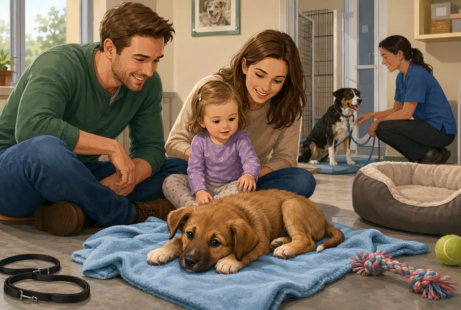 Parents and toddler observing a calm shelter puppy on a blanket
