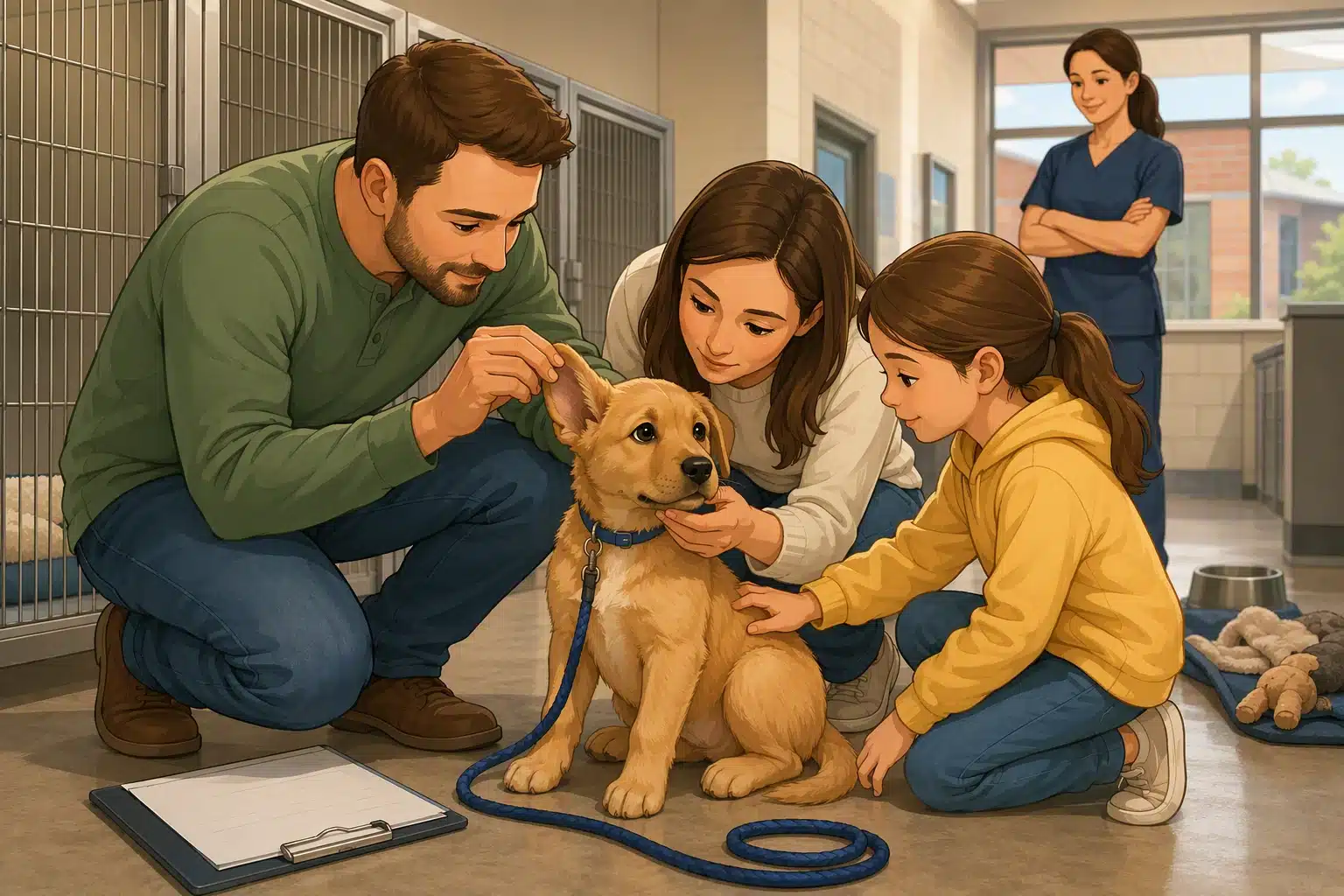 Family inspecting puppy's eyes, ears, nose, and coat