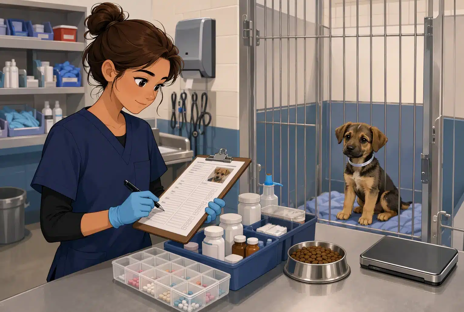 Shelter staff reviewing puppy intake chart with medication bins