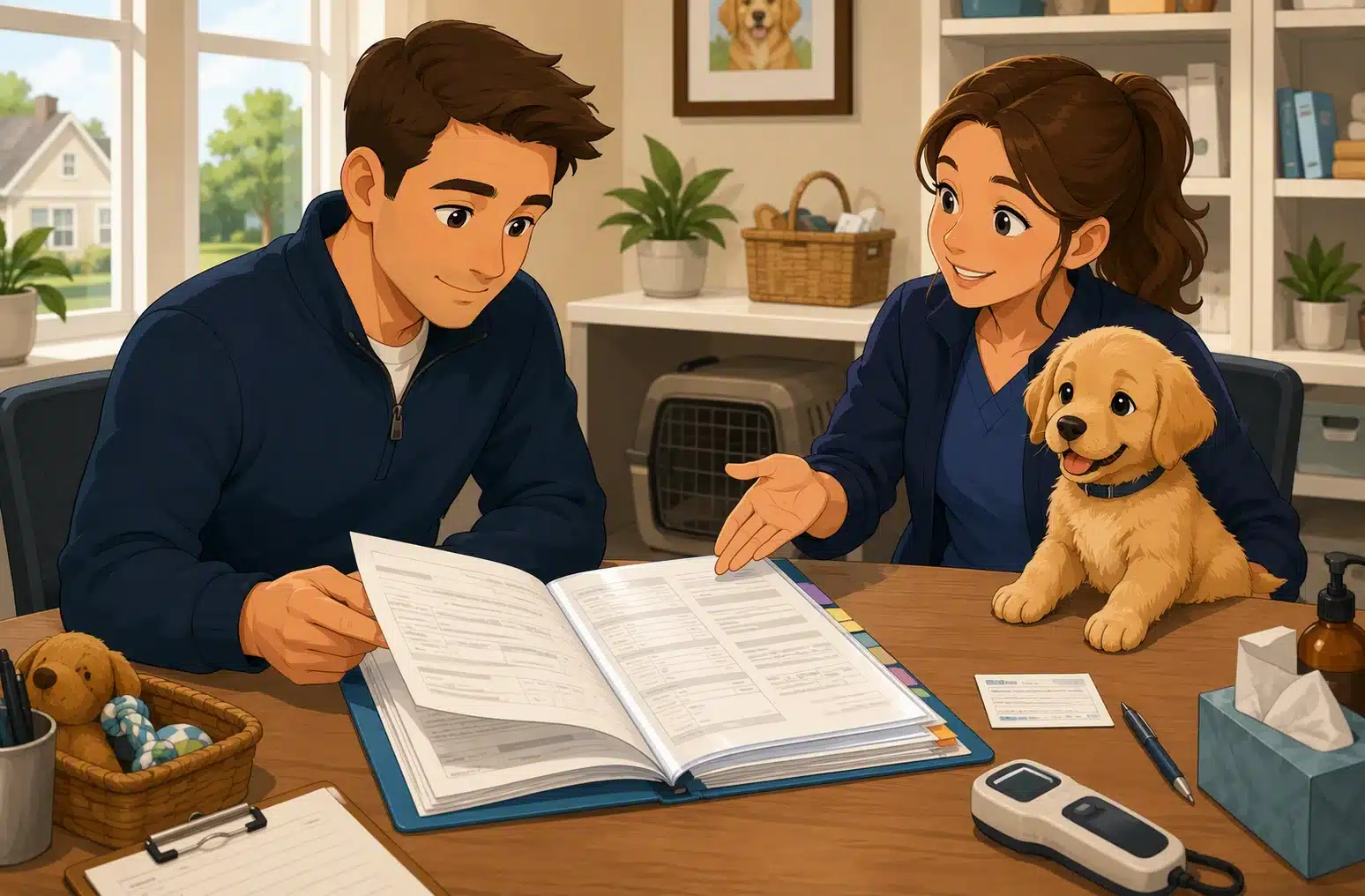 Buyer reviewing detailed puppy health record with vet forms