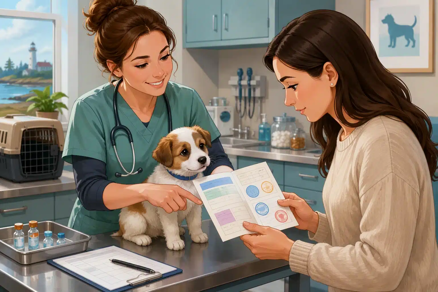 Vet technician holding puppy while owner checks vaccination card