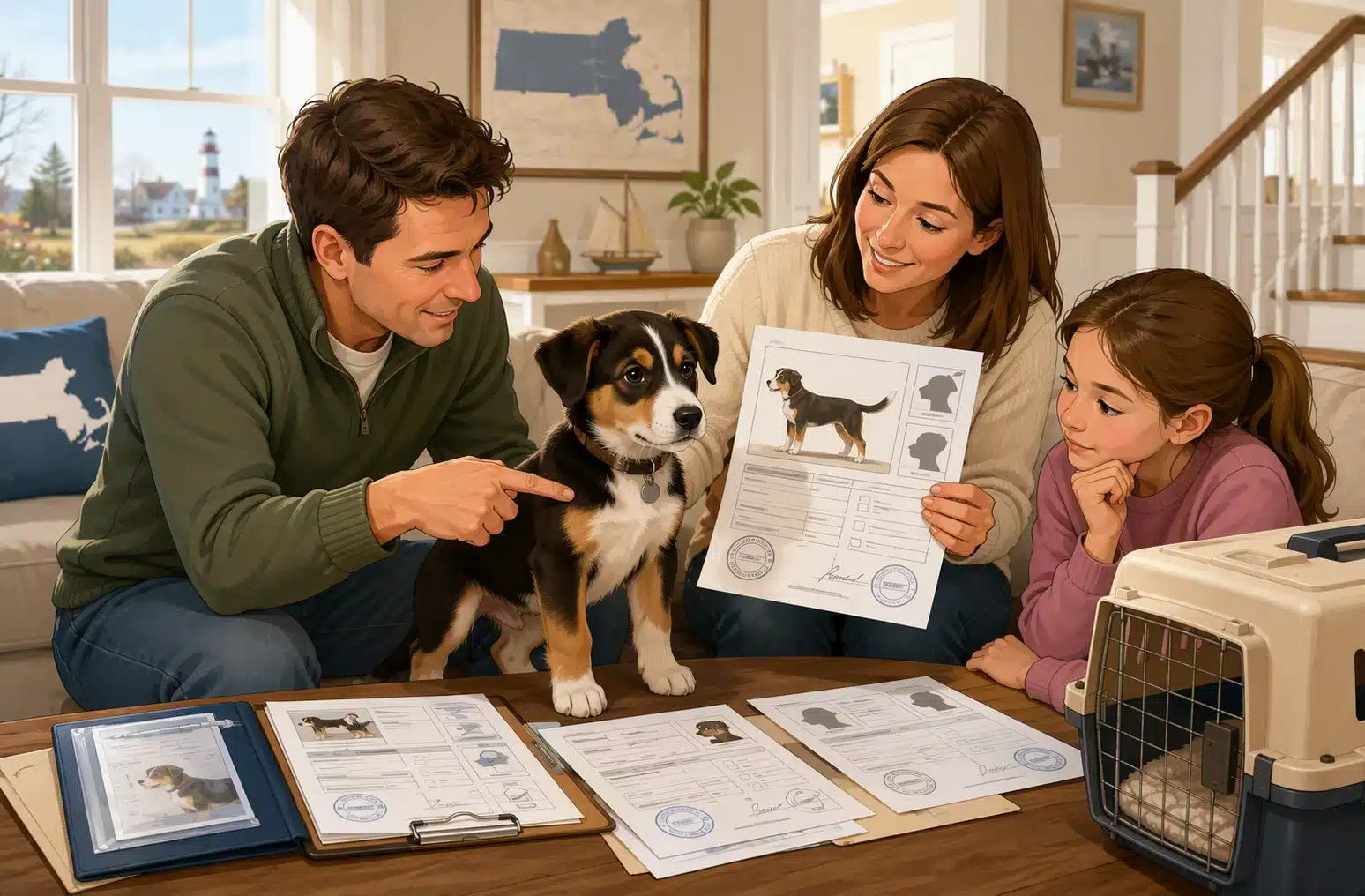 Family examining puppy’s markings and health documents