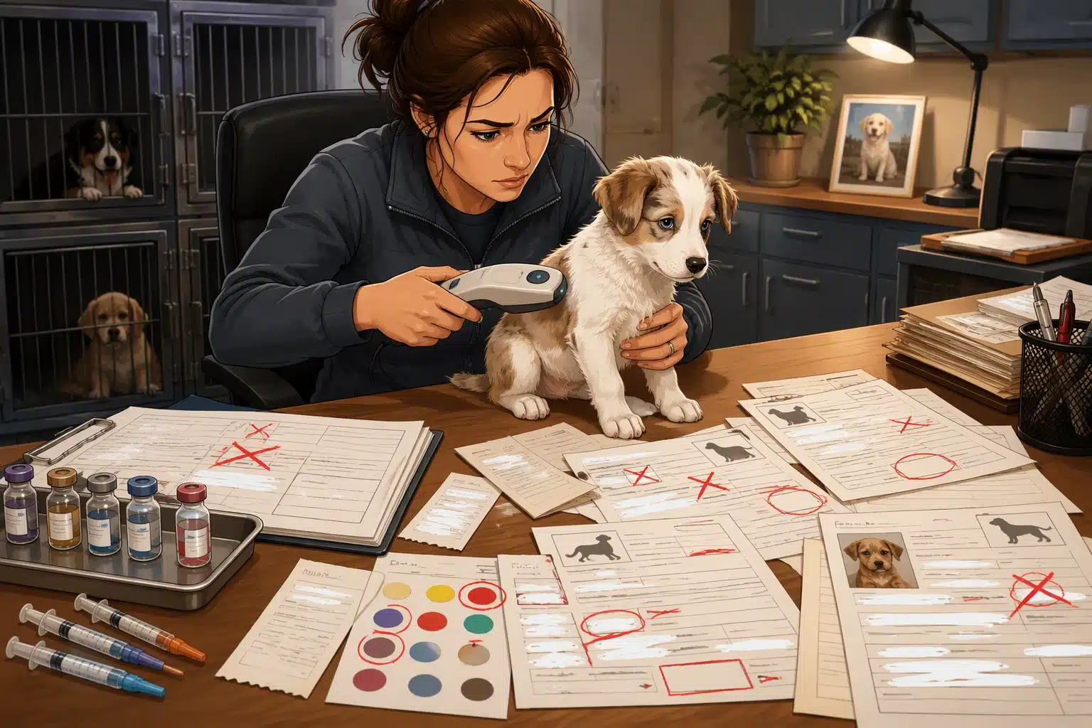 Breeder scanning puppy microchip with vaccination papers