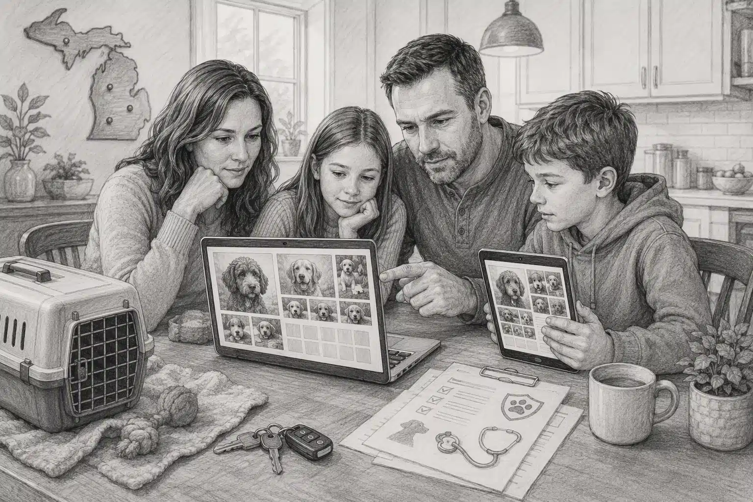 Family reviewing breeder website and puppy photos