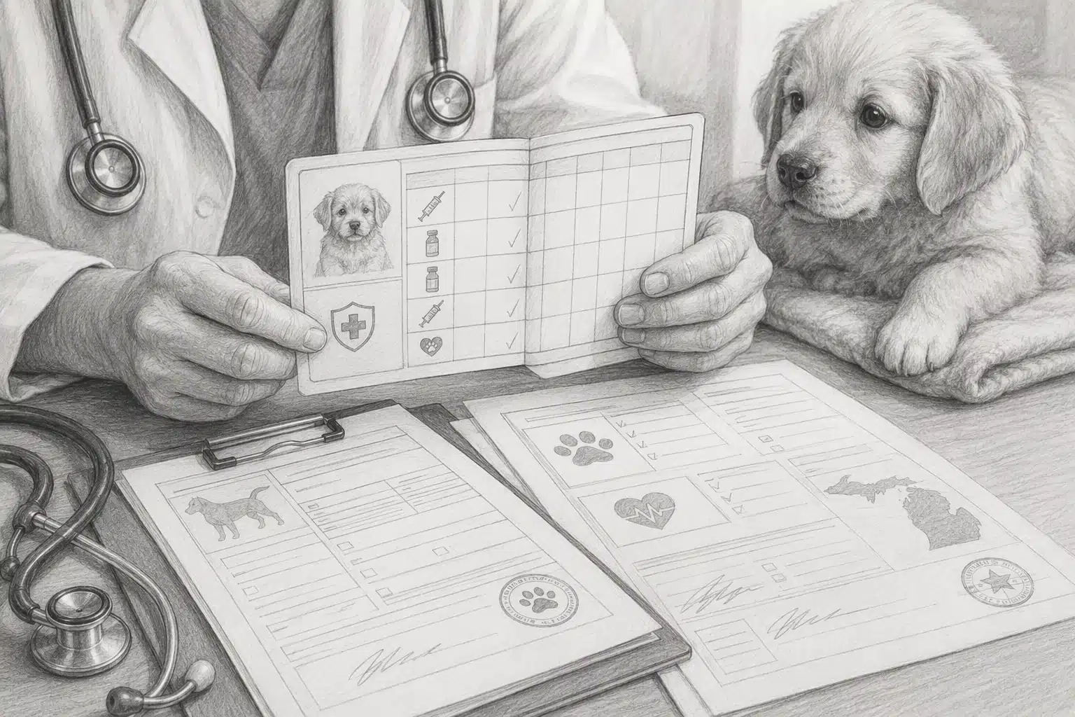 Veterinarian reviewing puppy health certificate with stethoscope