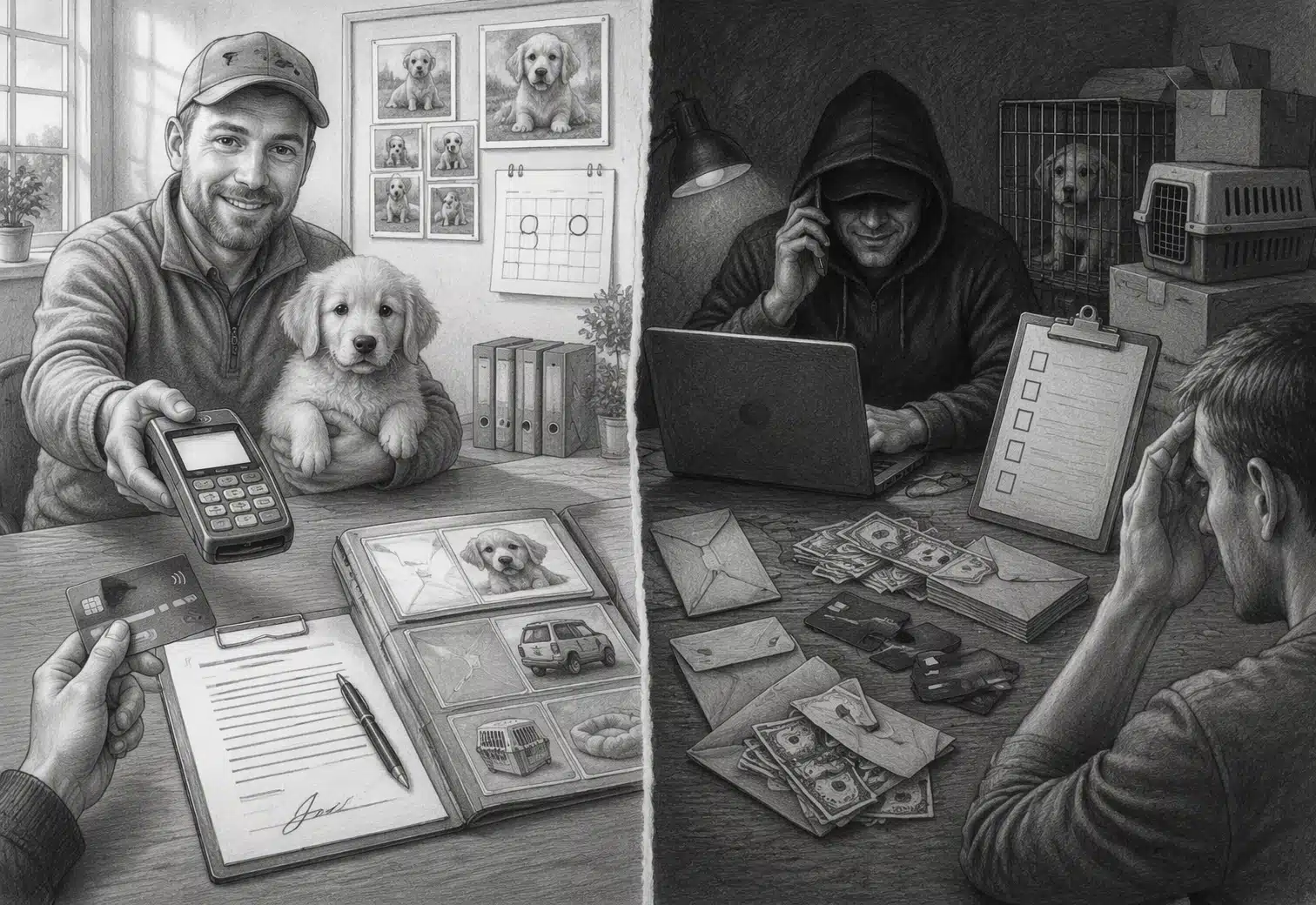 Split-screen sketch of secure and risky payment methods for puppy sales