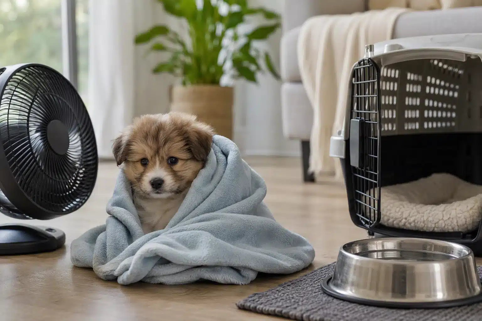 Young puppy wrapped in blanket beside fan and travel crate