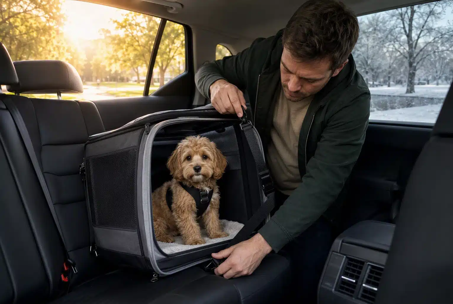 Owner securing puppy in back seat during winter