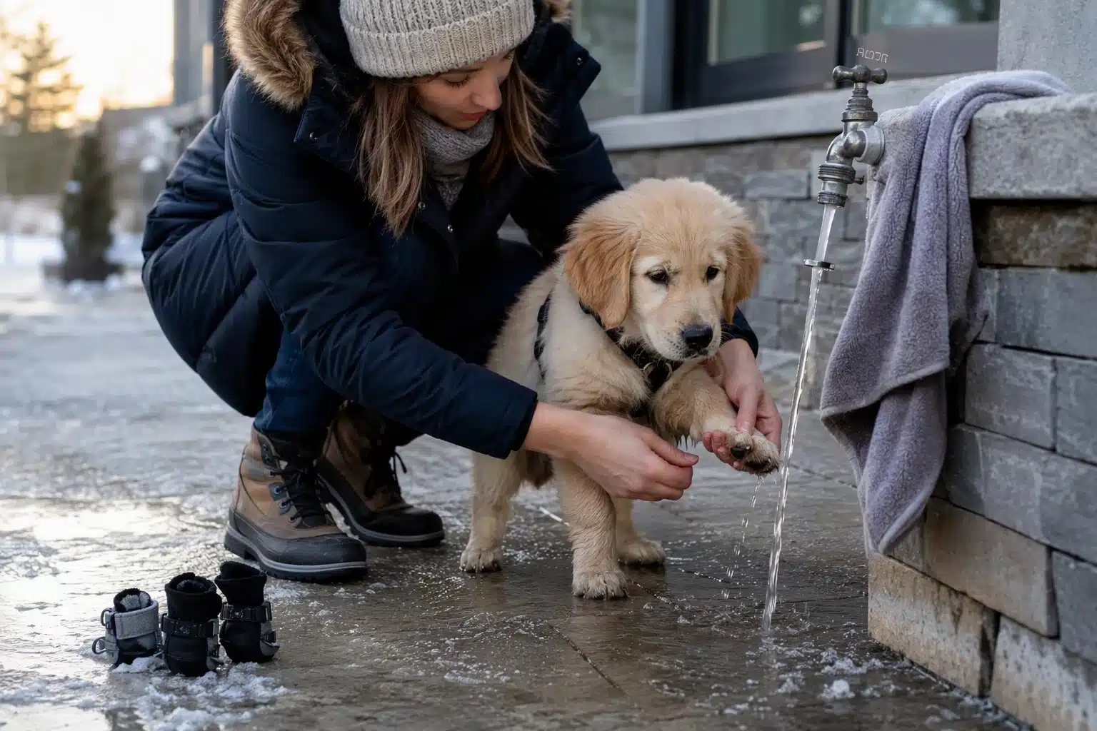 Owner rinsing muddy puppy's paws outdoors