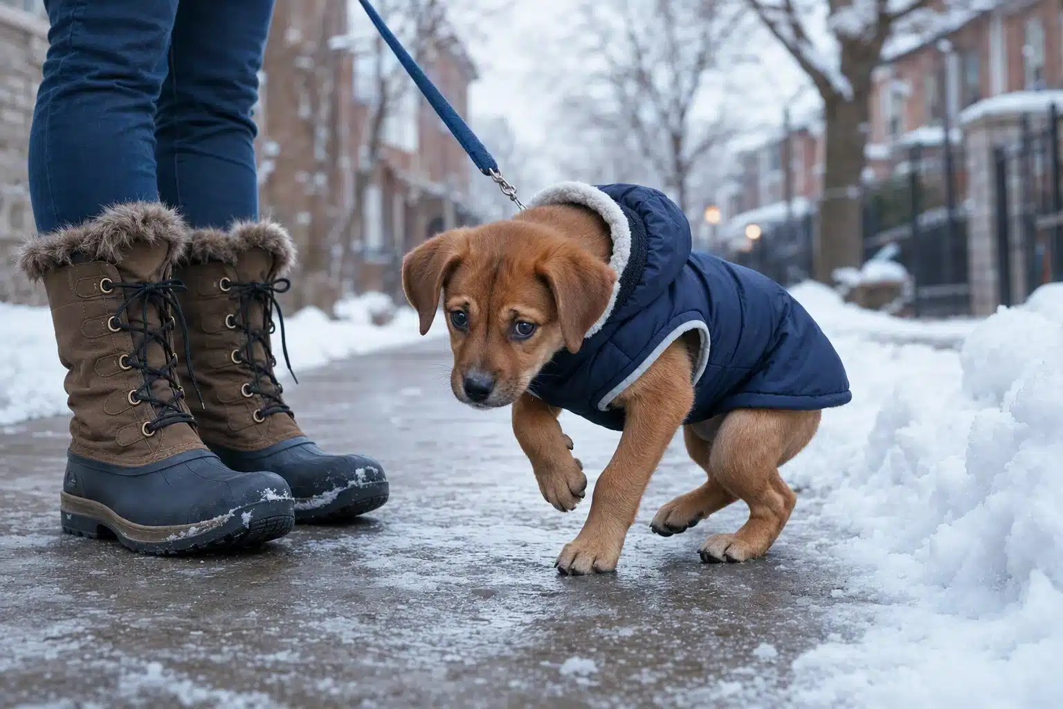 Puppy lifting paws on snowy sidewalk