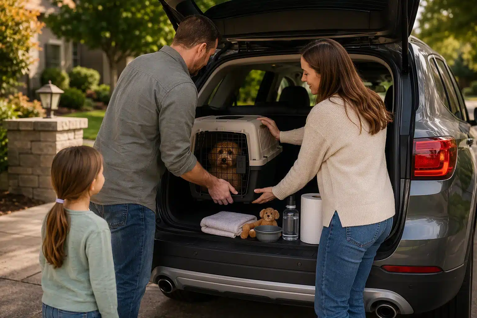 Family loading Cavapoo crate into SUV at curbside